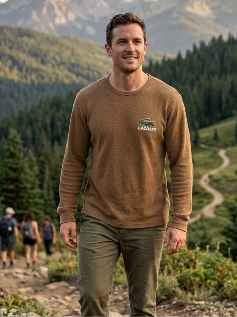 Lacoste Men’s Medium Relaxed Loose Fit Waffle Knit Thermal Shirt Brown